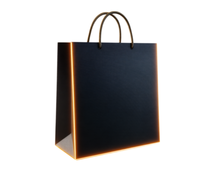 Elegant black shopping bag with glowing orange edges and rope handles.