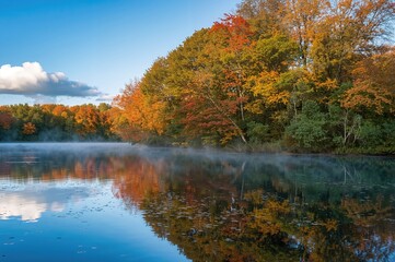 Fototapeta premium Autumn Morning Mirror: Trees Reflected in a Still Lake