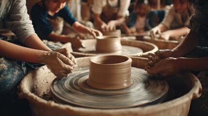 group of kids in a pottery class their hands covered in clay as they shape bowls and vases on spinning pottery wheels