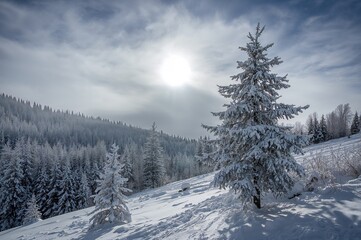 A lone tree stands in a snowy winter woodland beneath a cloudy sky, as a blue-faced creature observes from the hillside