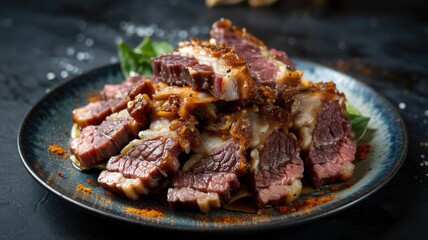 Mouth-watering crispy beef brisket. The brisket is served on a dark plate. The meat is liberally sprinkled with garlic powder and smoked paprika.