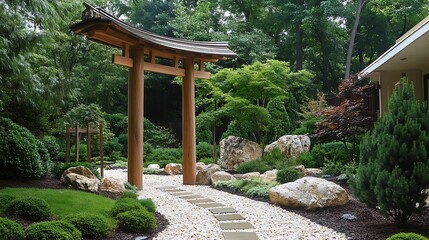 Tranquil japanese garden entrance with stone path and wooden torii gate