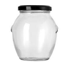 Empty glass storage jar with black lid