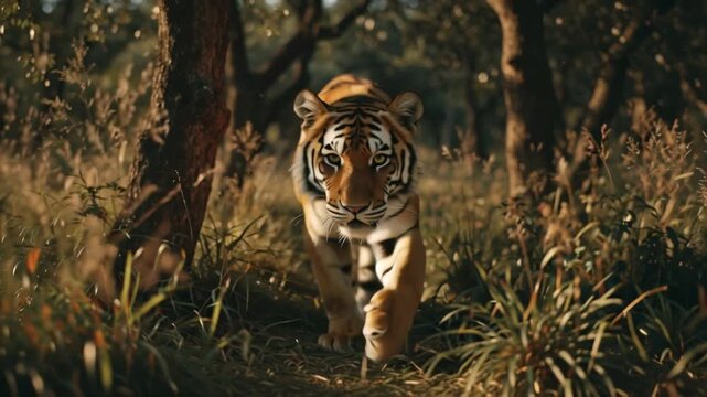 Majestic Tiger Emerging from Dense Forest Foliage with Intense Gaze