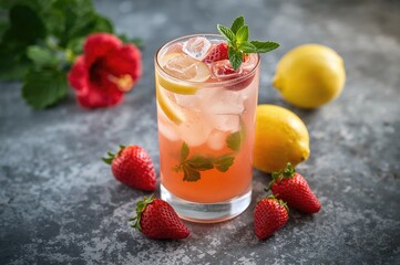 Chilled Lemonade and Iced Tea with Strawberry and Mint in Glasses on a Gray Stone Surface