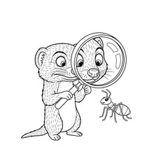 Cartoon Weasel Inspecting an Ant with a Magnifying Glass: Funny Animal Illustration for Coloring Pages, Kids Books, and Educational Resources About Animals
