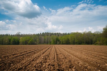 A cultivated farmland ready for planting, surrounded by springtime woodland trees adjacent to the freshly tilled soil for grain seeding