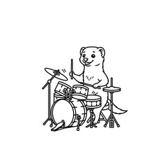 Cute Cartoon Ferret Playing the Drums Illustration: Outline Vector Art for Kids, Music, and Animal Themes, Perfect for Coloring Books and Design Projects