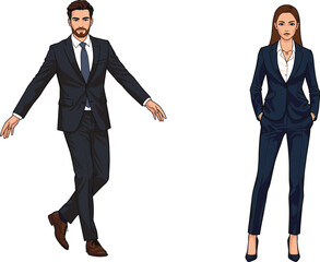 Business professionals illustration, man walking in navy suit, woman standing in formal attire, corporate fashion, office style, professional character design