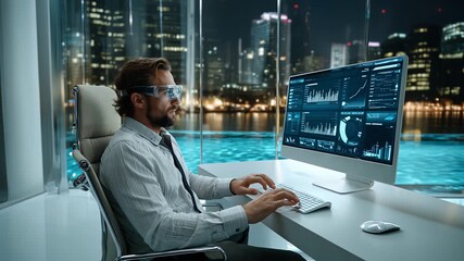 Businessman Analyzing Data in High-Tech Office with City View - Powered by Adobe