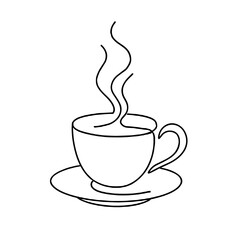 Coffee cup illustration in continuous line art style, black and white minimal design, hot drink and relaxation concept