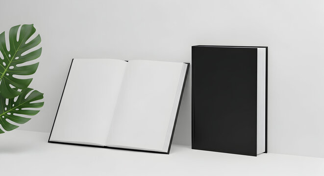 Elegant open book and closed black book mockup with lush green monstera leaf, perfect for showcasing design, content, or branding in a modern minimalist studio setting. - Powered by Adobe