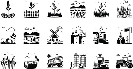 Collection of agriculture and farming icons featuring crops farm machinery and rural landscape elements