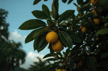 Mature citrus fruits dangling from a lush tree