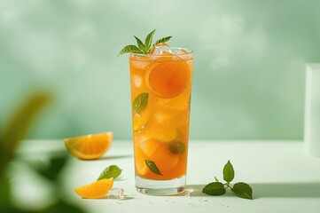 Fototapeta premium Tall glass filled with a revitalizing nutritious beverage against a soft green backdrop