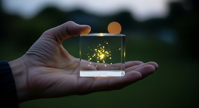 Hand holding a clear cube containing glowing lights with a blurred green background in soft focus
