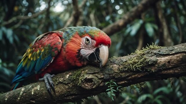 A majestic and colorful red macaw parrot with vibrant plumage rests on a mossy tree branch in a dense tropical rainforest