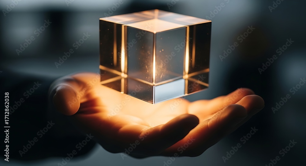 Poster a hand holding a glowing transparent cube with light emitting from within in a dark environment