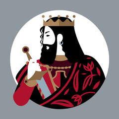 Portrait of the king of playing cards character with a sword in his hand in a white round frame. Original vintage design in minimalistic flat style. Vector illustration