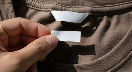 Close up of a hand holding a blank label on a brown t-shirt ready for your brand's logo or message to showcase your clothing line's identity