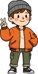 Cartoon boy in orange jacket, casual winter outfit, cute character illustration, peace sign pose, stylish kid art for design elements