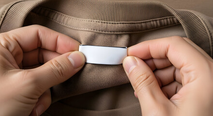Close-up of a blank clothing label ready for your brand, perfect for showcasing sustainable fashion or a new apparel line with a modern aesthetic