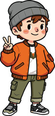Cartoon boy wearing orange jacket, gray beanie, green cargo pants, sneakers, peace sign pose, cute stylish character illustration for design