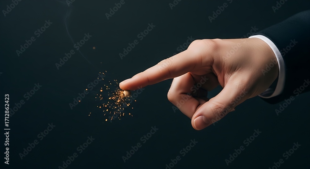 Poster a hand in a suit pointing at a small object with golden sparks emanating from it on a dark backgroun
