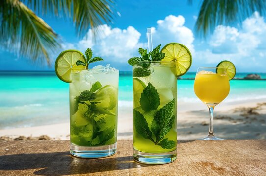 Two refreshing mojito drinks with a sunny seaside backdrop for a summer vacation vibe