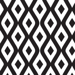 Abstract geometric seamless pattern featuring a repeating wavy diamond motif in bold black and white contrast