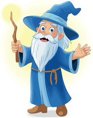 Cartoon wizard character illustration, old magician with staff, fantasy sorcerer artwork, magical bearded man in blue robe, fairy tale drawing