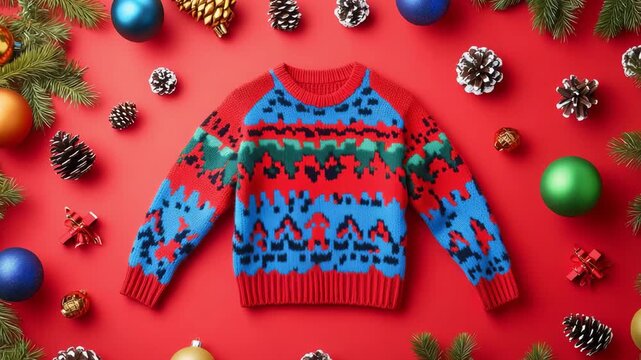 A festive Christmas sweater is arranged with colorful ornaments and pinecones on a red background, creating a joyful holiday atmosphere in December