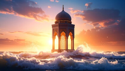 Structure Standing in Ocean Waves at Sunset with Golden Sky