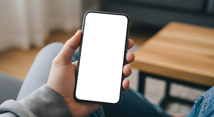 Man holding modern phone with blank white screen for app promotion or digital marketing campaign in comfy home setting now perfect for your design