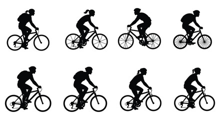 People riding bicycles in various poses a classic black silhouette