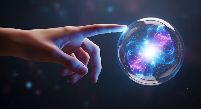 A hand touching a glowing sphere filled with nebula like colors against a dark background scene