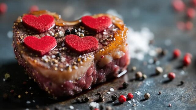 A heart-shaped piece of cooked meat served on a table, perfect for romantic occasions or as a unique presentation