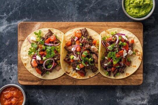 Tacos featuring marbled beef and fresh vegetables, presented on a wooden platter with sides of guacamole and salsa against a dark stone background.