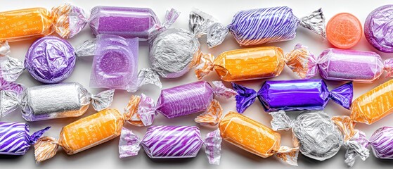 Brightly colored candies in different shapes and wrappers create an eye-catching display on a light background