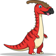 Cute red dinosaur cartoon, smiling parasaurolophus character, prehistoric reptile illustration, funny jurassic animal drawing, kids dinosaur artwork, ancient creature design
