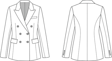Double breasted blazer fashion flat sketch, formal jacket technical drawing, stylish coat template, apparel clothing design illustration, vector outline front back