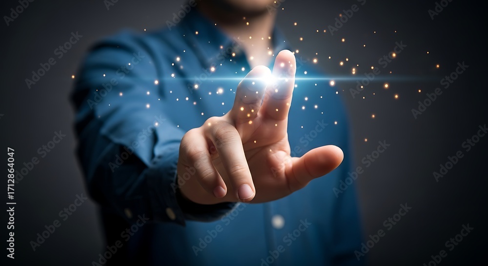 Poster a person's hand touching a bright light with sparkling particles in a dark environment setting scene