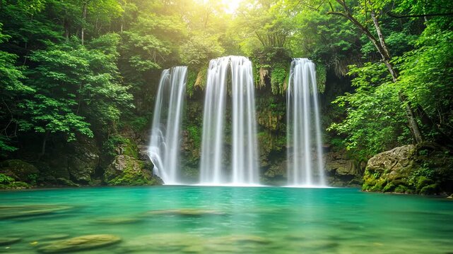 Beautiful erawan waterfall with emerald pool in tropical rainforest thailand