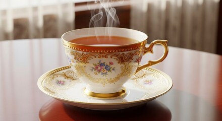 Elegant Porcelain Tea Cup Filled With Steaming Hot Beverage