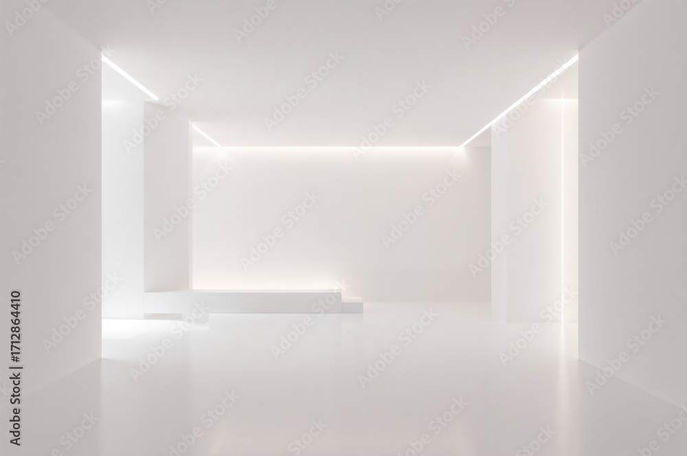 Poster modern white room featuring soft ambient lights and sleek architecture. 3d render.