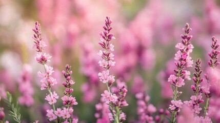 Obraz premium Delicate pink lavender flowers bloom in soft focus, creating a dreamy and serene garden landscape with gentle color gradients and elegant vertical stems