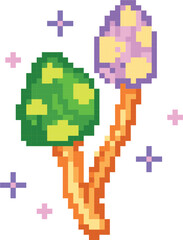 Fototapeta premium Pixelated Mushrooms with Green and Purple Caps, Orange Stems, and Crosses
