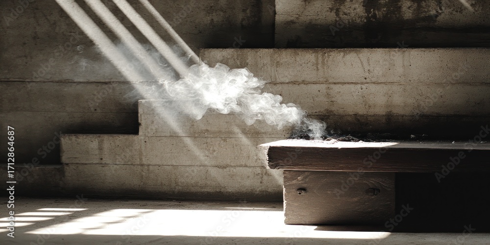 Poster sunlight beams shine through smoke, creating a soft atmosphere in a minimalist space with concrete s