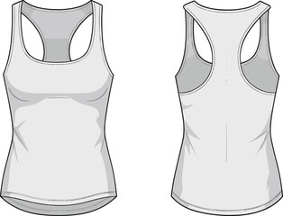 Women's racerback tank top flat sketch, front and back view, fashion template for apparel design, sleeveless athletic shirt mockup