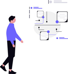 Person looking at a network diagram with connected nodes and information boxes.